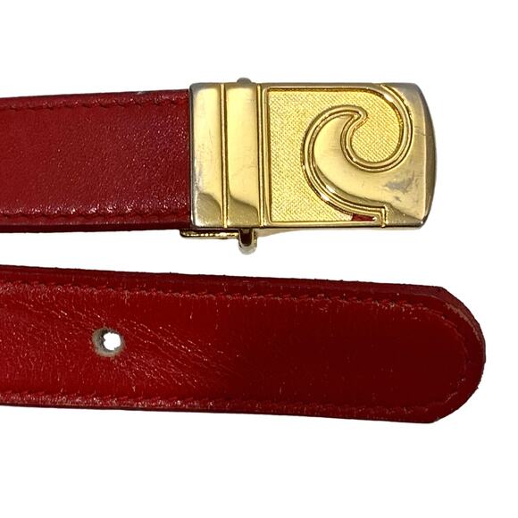 70s Pierre Cardin Red Leather Skinny Belt w Gold Logo Buckle | 31.5 - 37\
